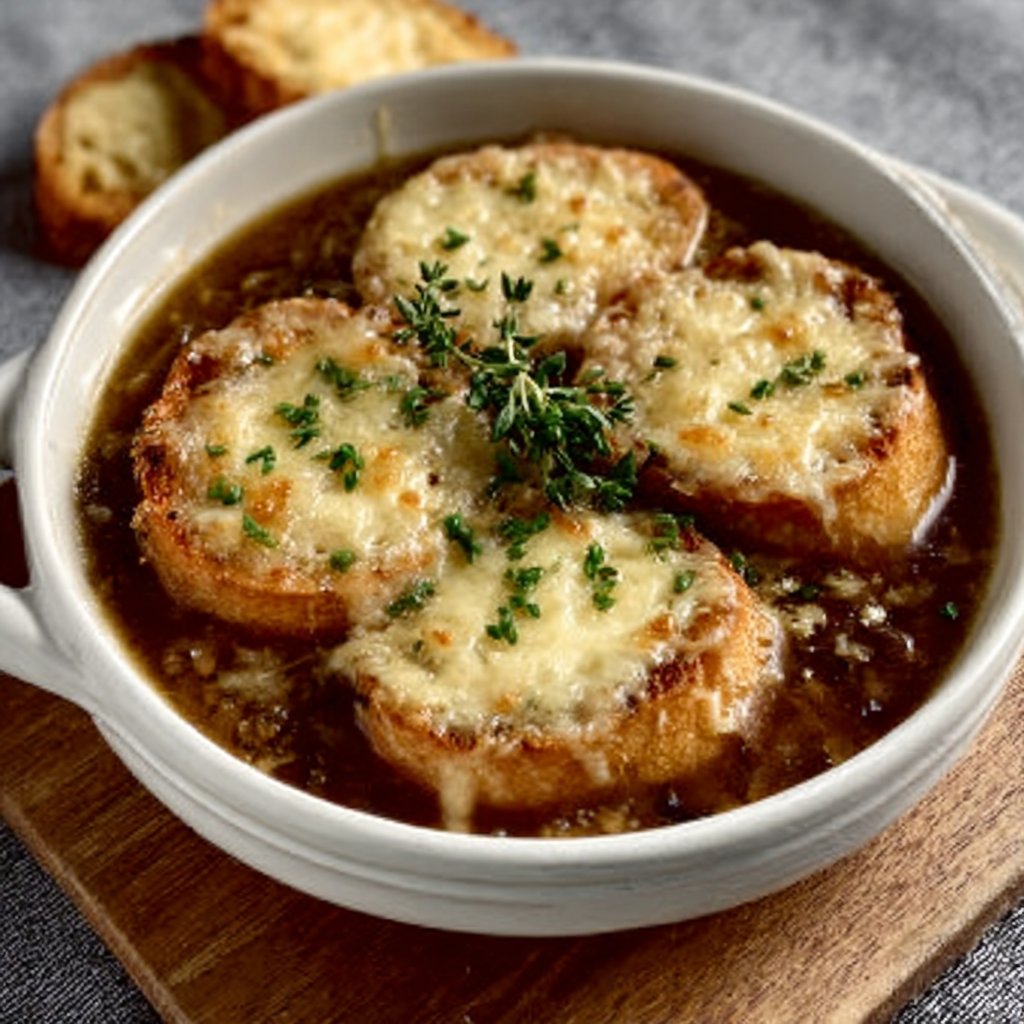 Sopa Francesa de Cebolla Vegetariana con Tostadas de Gruyère