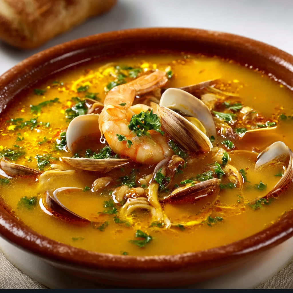 Sopa Keto de Mariscos con Azafrán