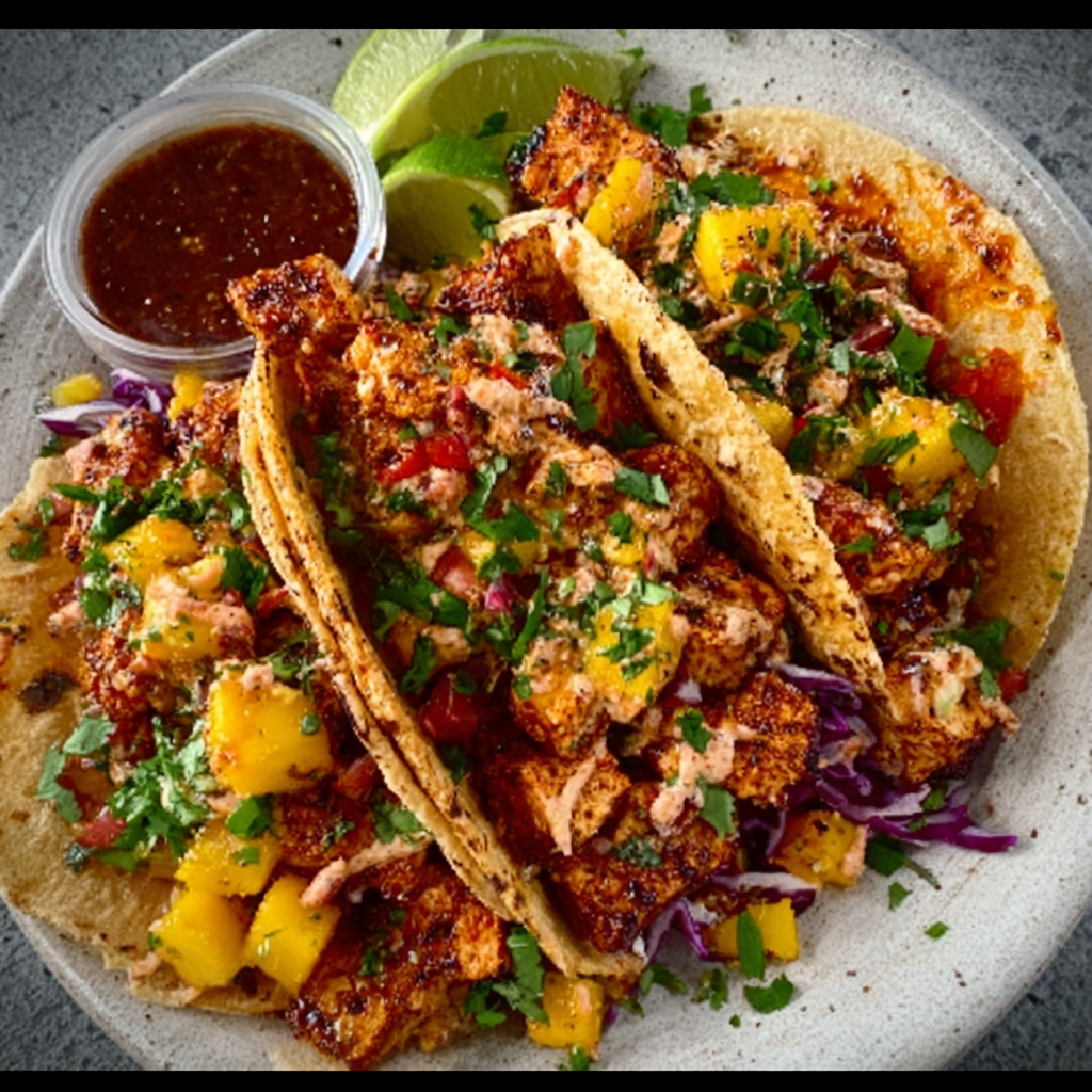 Tacos de Tofu Ahumado con Salsa de Mango y Crema de Chipotle