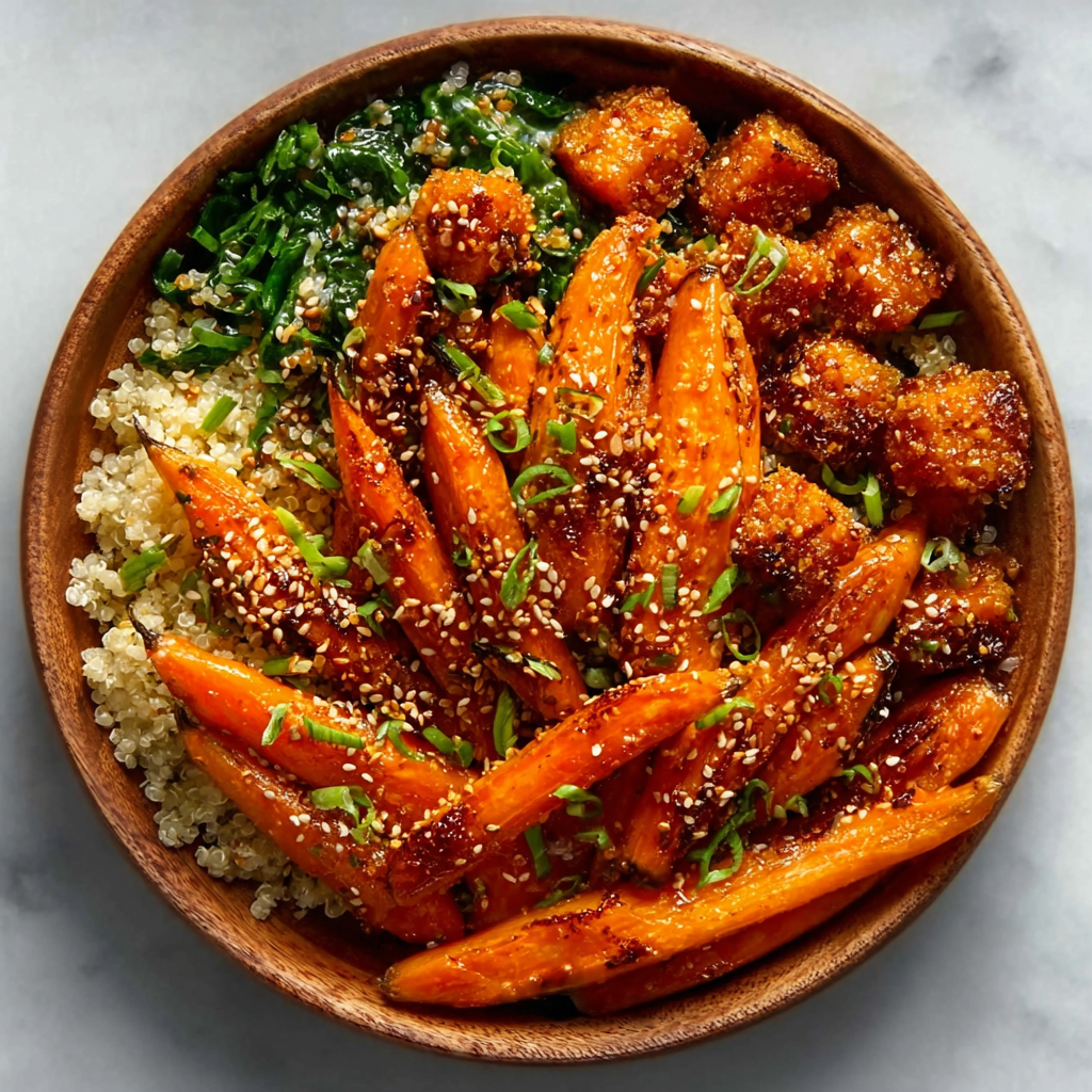Tazón de Granos con Zanahorias Asadas y Coco con Sésamo