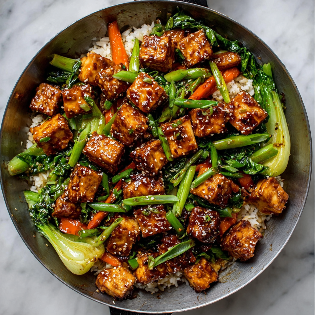 Tofu y Bok Choy Salteados con Glaseado de Jengibre y Sésamo