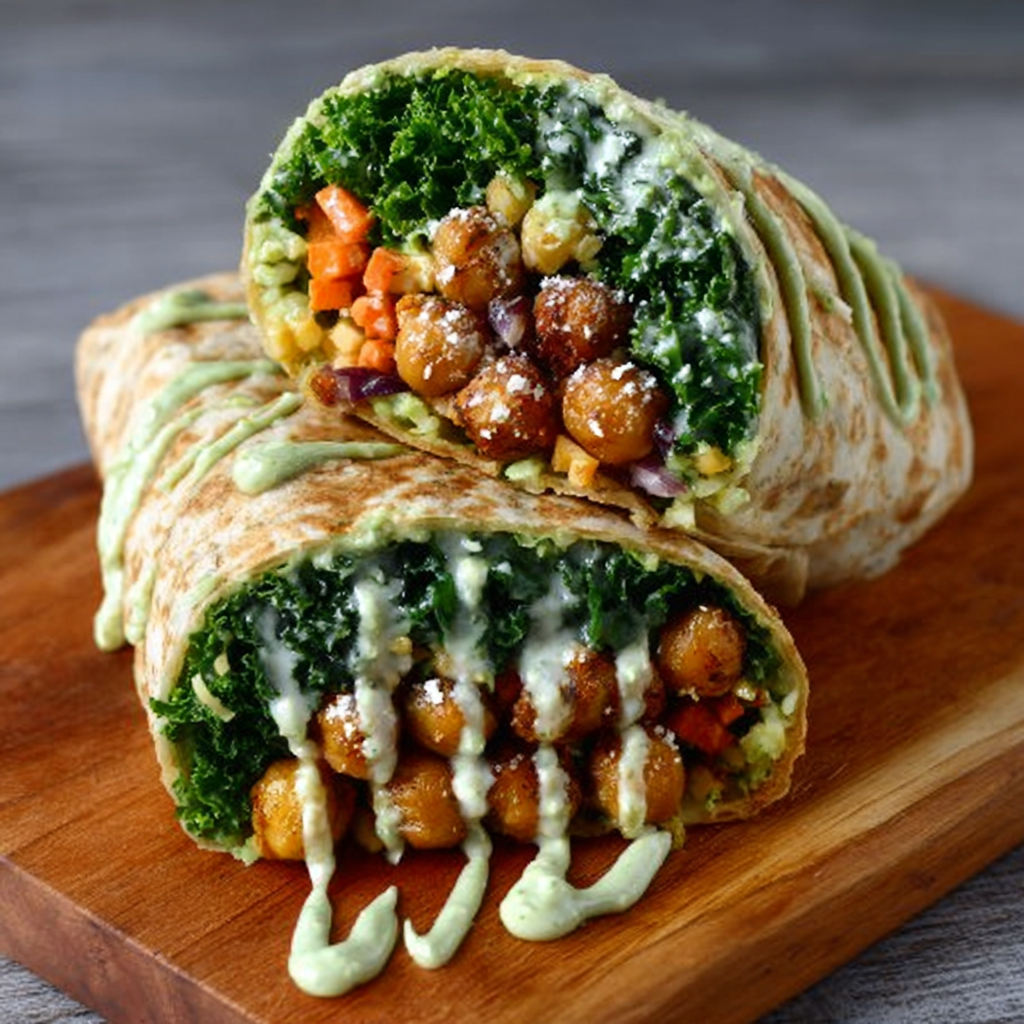 Wraps Crujientes de Garbanzos y Kale con Aderezo Picante de Aguacate