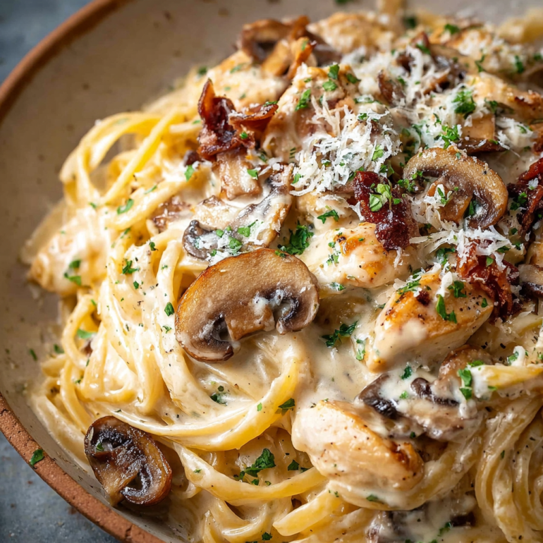 Espaguetis Alfredo Cremosos con Pollo, Ajo y Champiñones