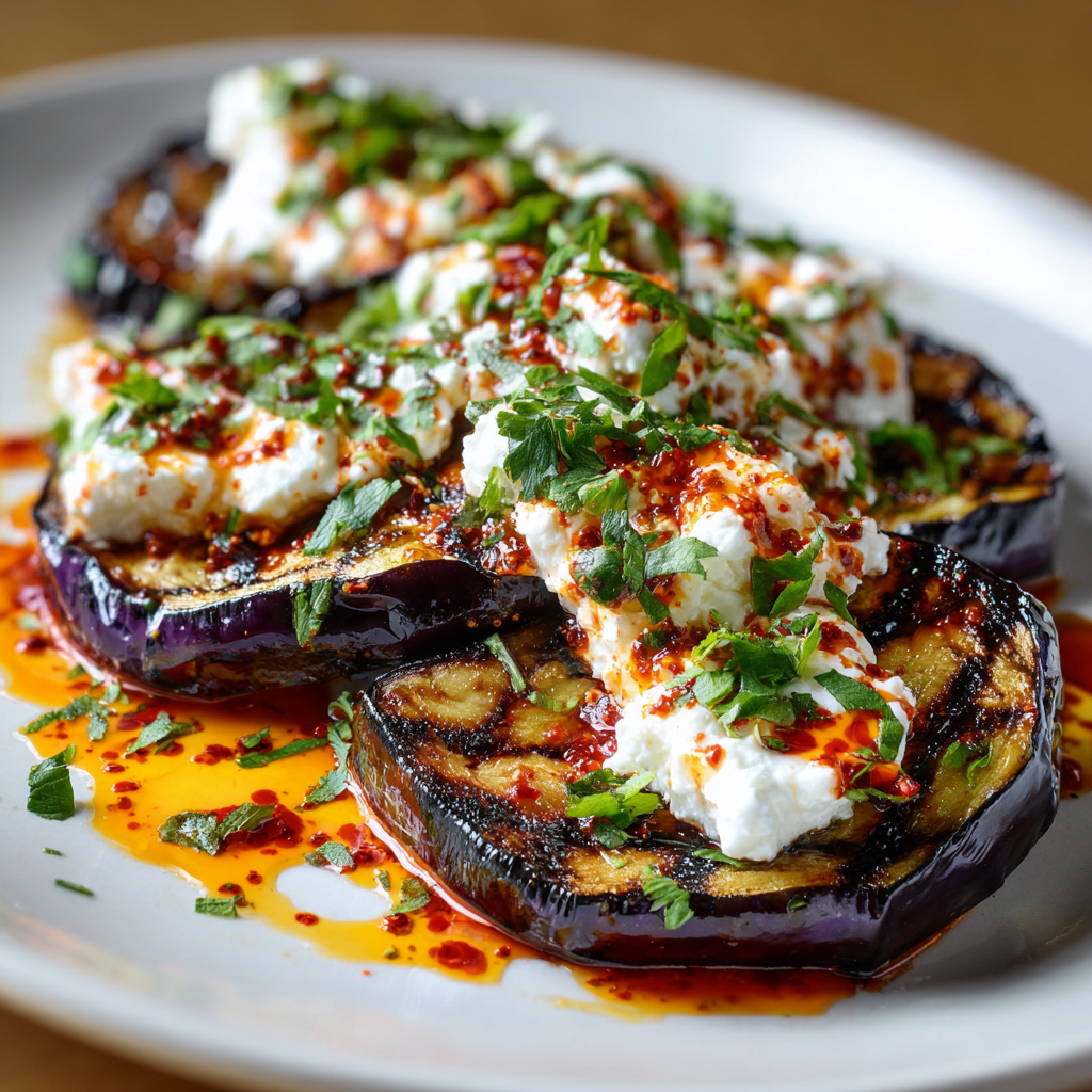 Berenjenas a la Parrilla con Crema de Feta y Aceite de Harissa