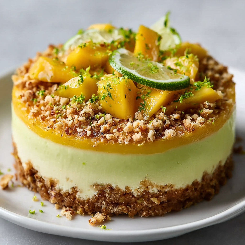 Cheesecake Salado de Aguacate y Mango con Limón Verde y Crumble de Avellanas