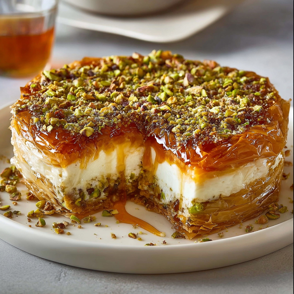 Cheesecake de Baklava de Pistacho con Salsa de Miel