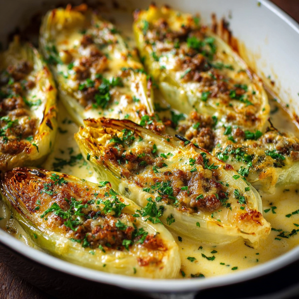 Endivias rellenas de carne picada al gratén