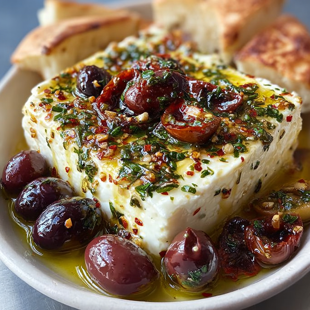 Feta al horno con aceitunas y orégano