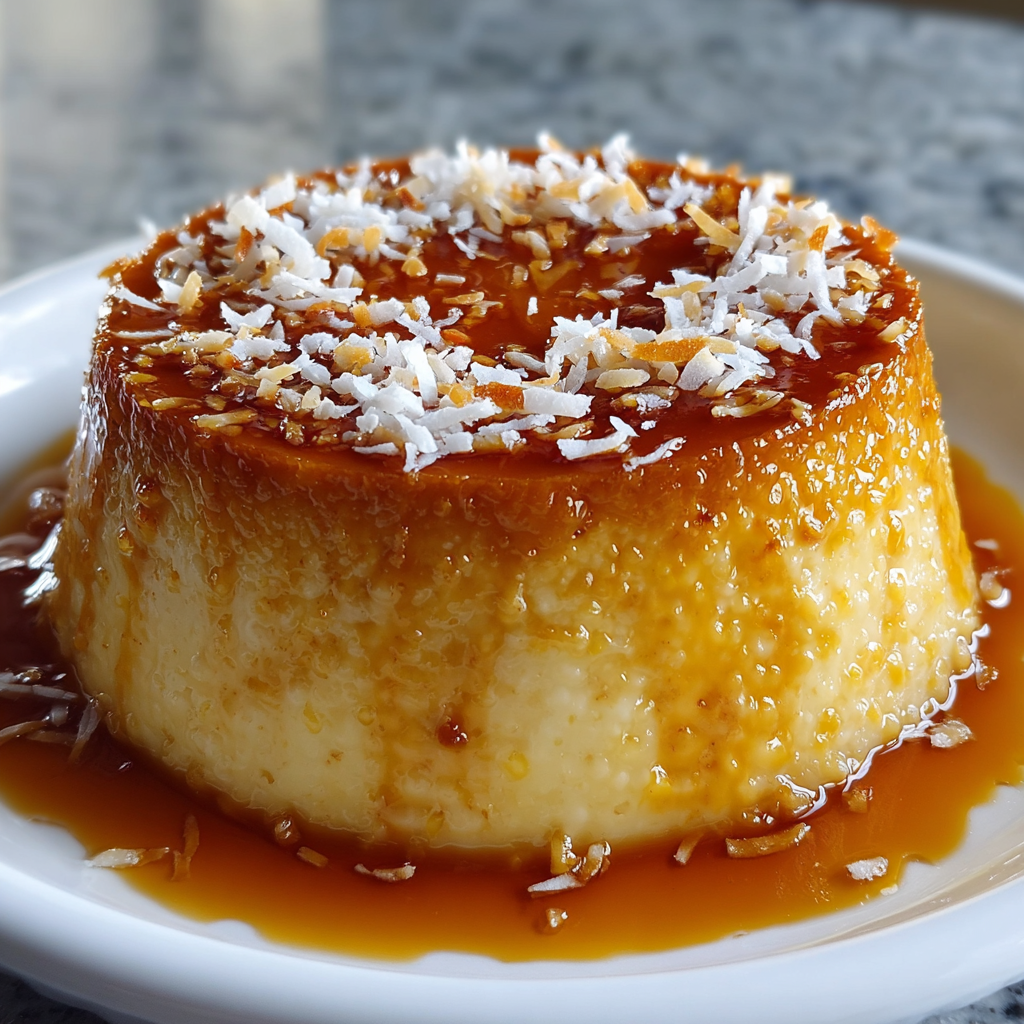Flan de Elote y Queso con Coco Rallado