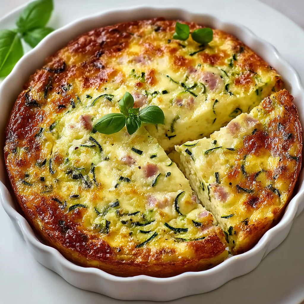 Flan ligero de calabacín, jamón de pollo y mozzarella