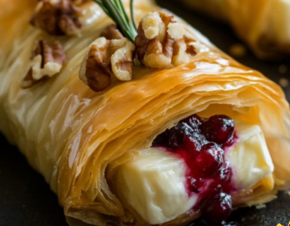 La Masa Filo en Capas con Queso Brie, Salsa de Arándanos y Nueces