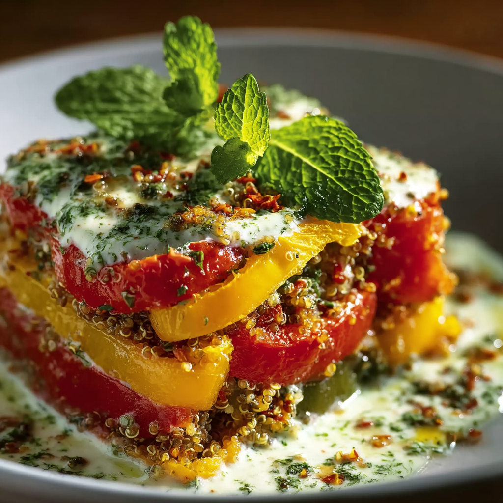 Lasañas Frías de Pimientos, Quinoa y Salsa de Yogur-Menta