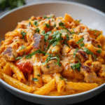 Pasta Cremosa de Pollo, Tomate y Albahaca