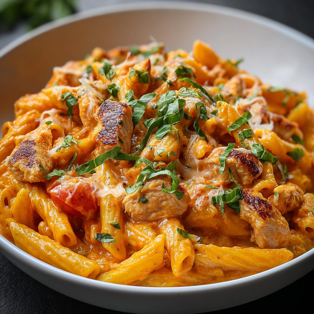 Pasta Cremosa de Pollo, Tomate y Albahaca
