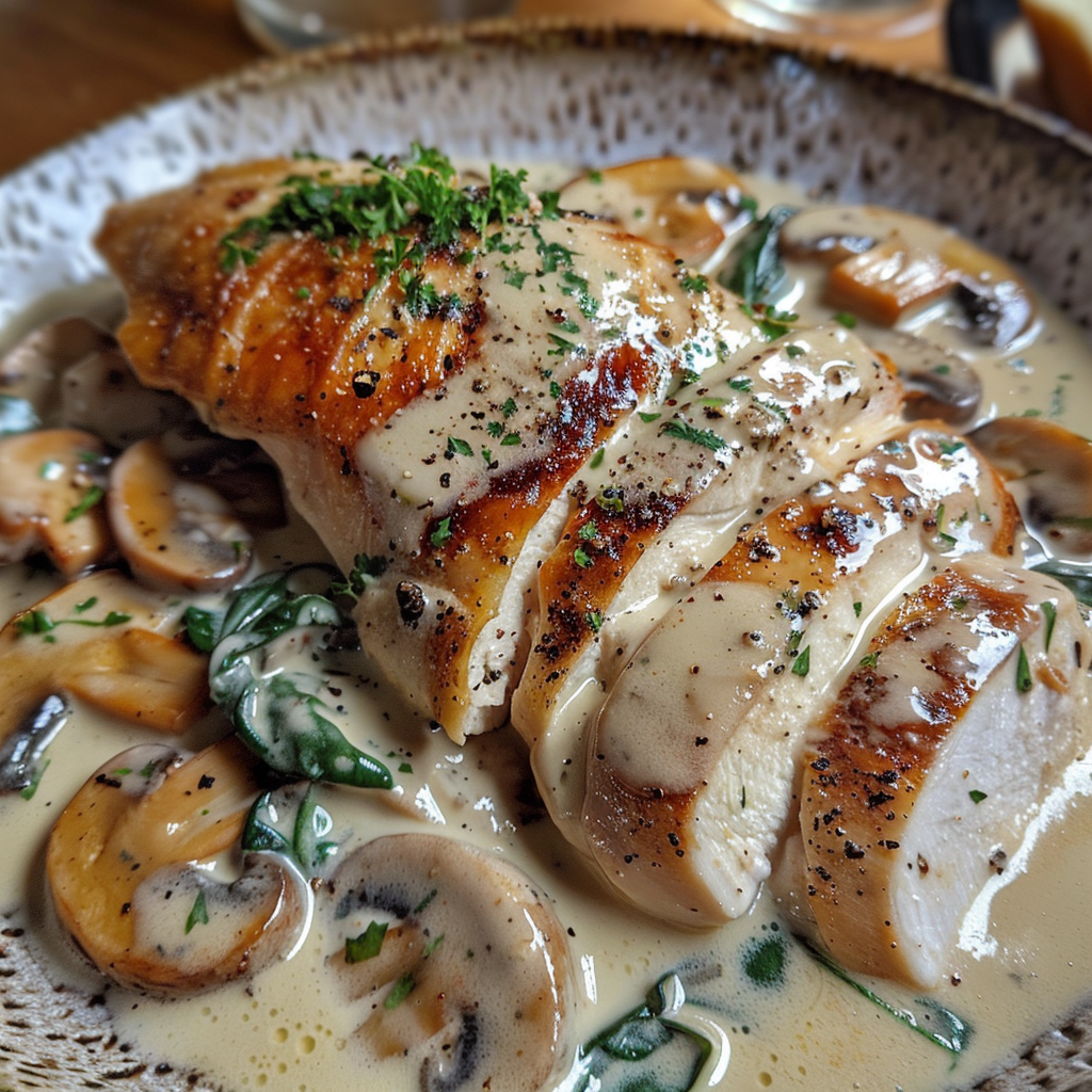 Pechuga de pollo a la crema con champiñones y espinacas