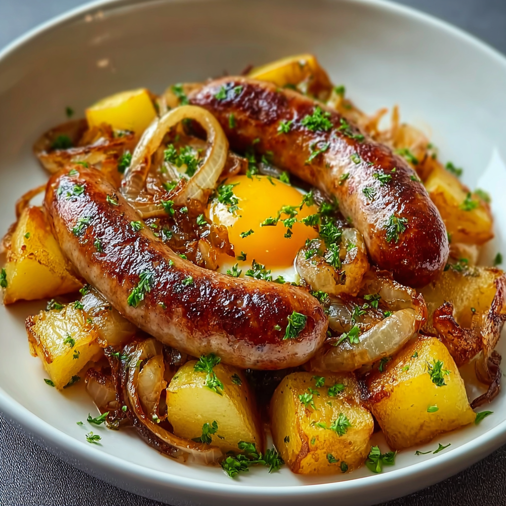 Salchichas de res con papas y huevos