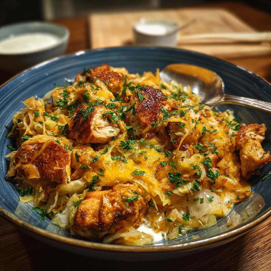 Salteado de repollo frito con pollo a la parrilla y queso cheddar