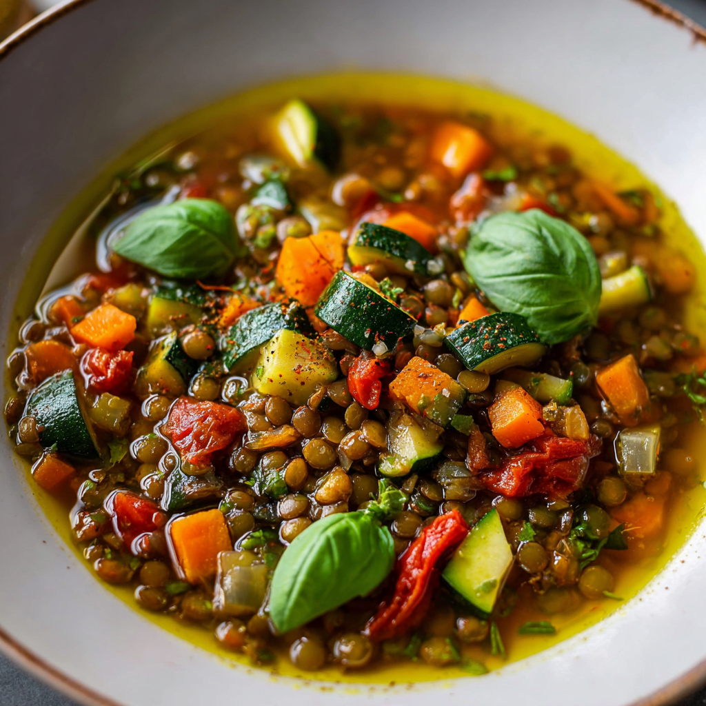Sopa Mediterránea de Lentejas Vegana