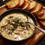 Sopa cremosa de pollo y champiñones