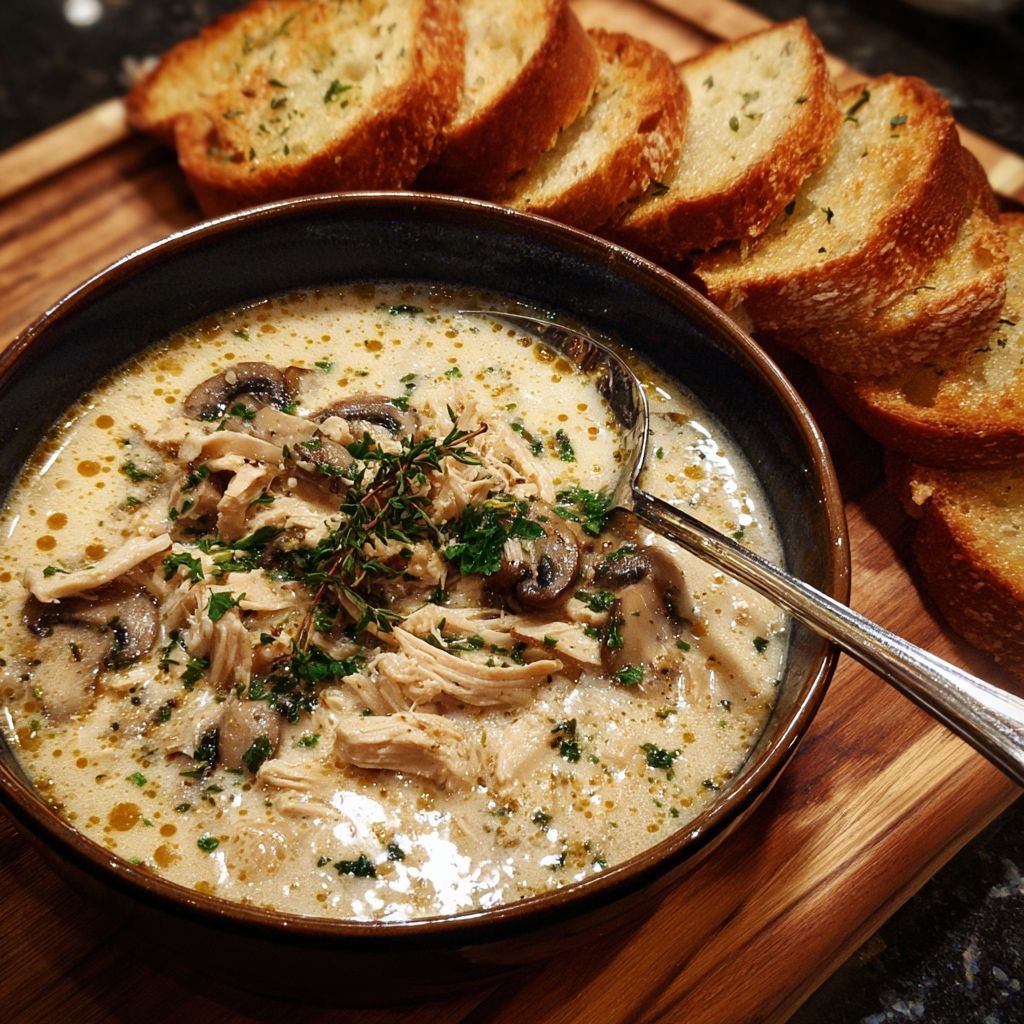 Sopa cremosa de pollo y champiñones