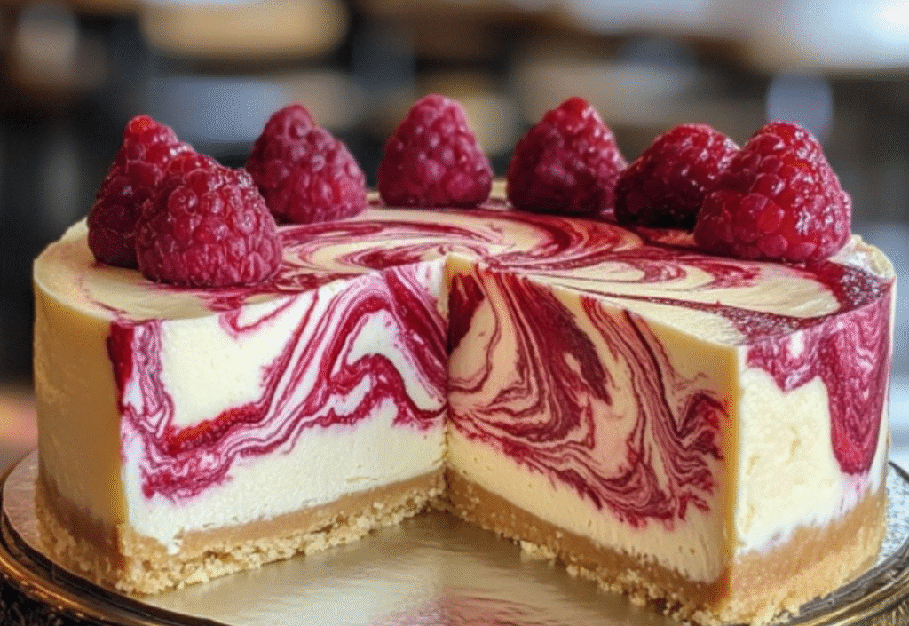 Tarta de Queso con Remolino de Frambuesa