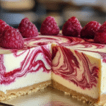 Tarta de Queso con Remolino de Frambuesa