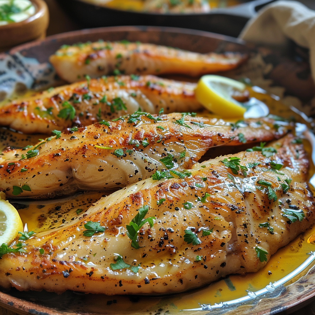 Tilapia dorada en sartén con mantequilla derretida
