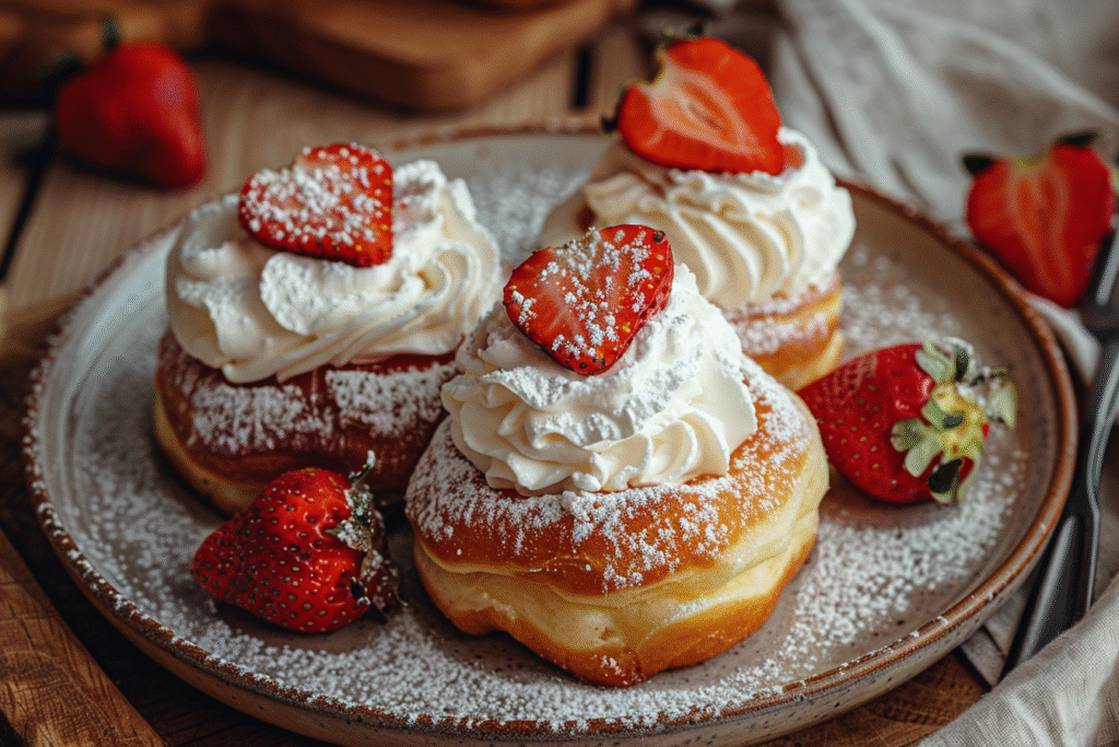 Donas Rellenas de Crema Chantilly y Fresas Fluffy Golden