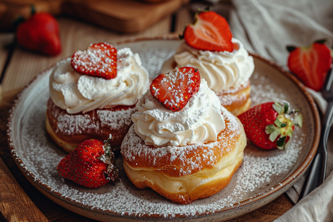 Donas Rellenas de Crema Chantilly y Fresas Fluffy Golden
