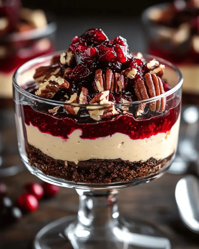 Trifle de Cheesecake de Chocolate con Baileys, Salsa de Arándano y Nueces Pecanas First Image First Image