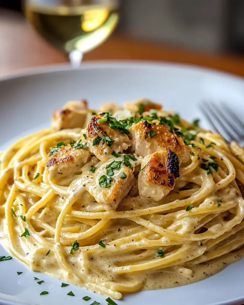 Espagueti Cremoso de Pollo en Salsa de Queso Cheddar y Ajo First Image First Image