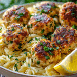 Albóndigas de Pollo al Limón con Ricotta y Orégano sobre Orzo al Ajo