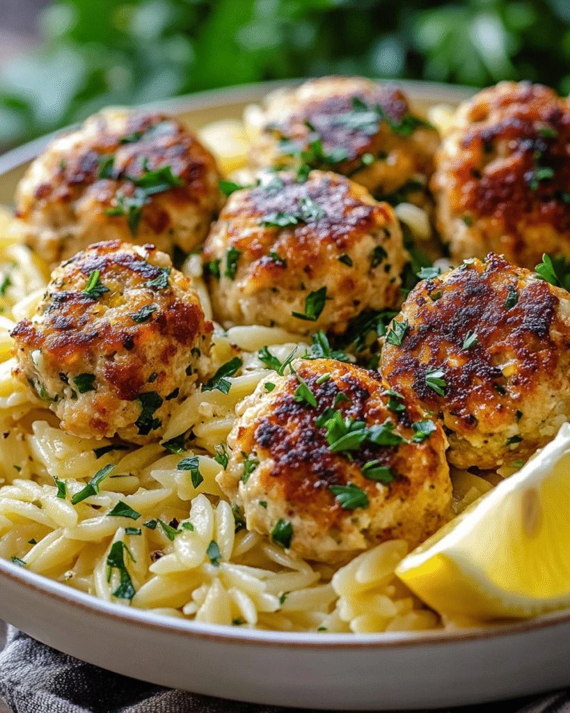 Albóndigas de Pollo al Limón con Ricotta y Orégano sobre Orzo al Ajo