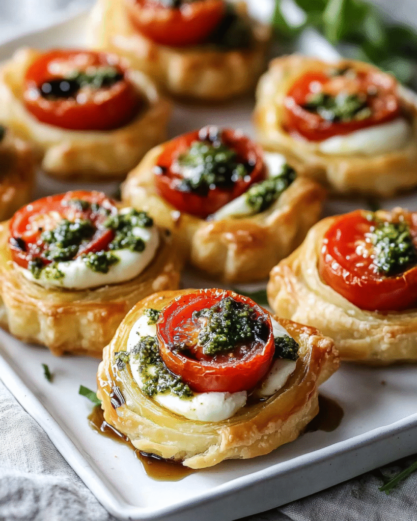 Bocaditos de Hojaldre Caprese con Pesto
