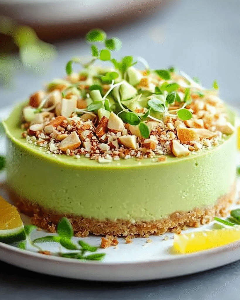 Cheesecake Salado de Aguacate, Limón Verde y Crumble Salado de Almendras