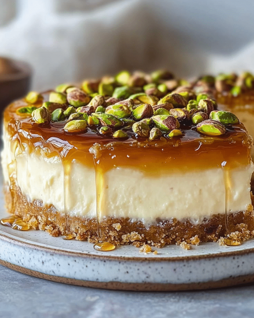 Cheesecake de Baklava con Miel y Pistachos