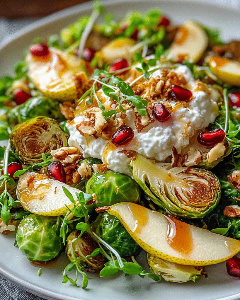 Ensalada de Coles de Bruselas Glaseadas con Jarabe de Arce y Pera con Ricotta Batida
