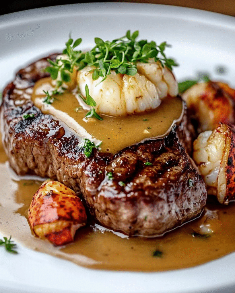 Filete y Langosta con Salsa de Mantequilla Sedosa