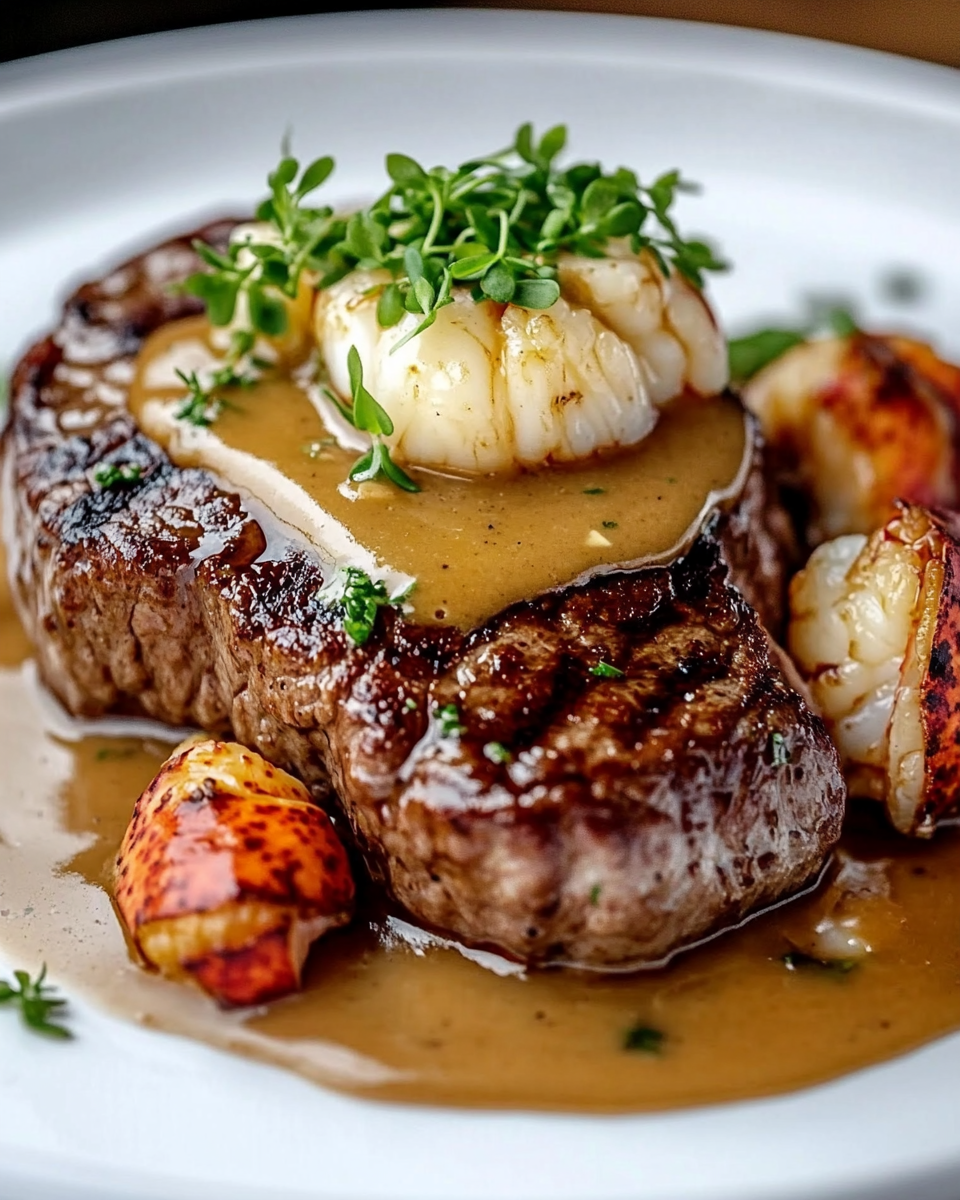 Filete y Langosta con Salsa de Mantequilla Sedosa
