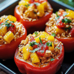 Pimientos Rellenos de Pollo Teriyaki con Piña y Arroz