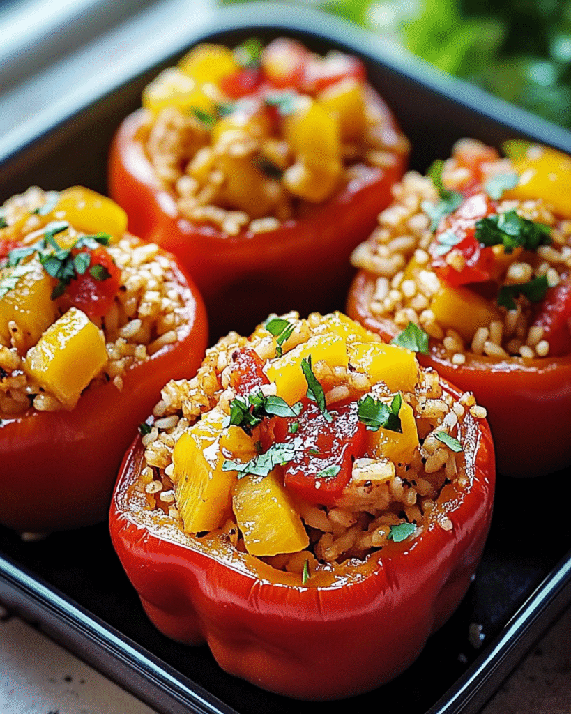 Pimientos Rellenos de Pollo Teriyaki con Piña y Arroz