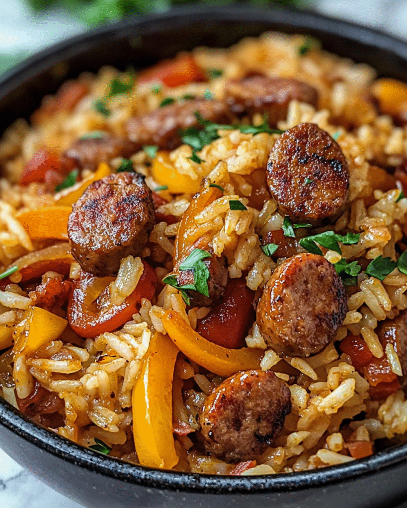 Salteado Cajún de Salchichas y Arroz