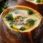 Sopa Cremosa de Brócoli y Queso en Tazones de Pan