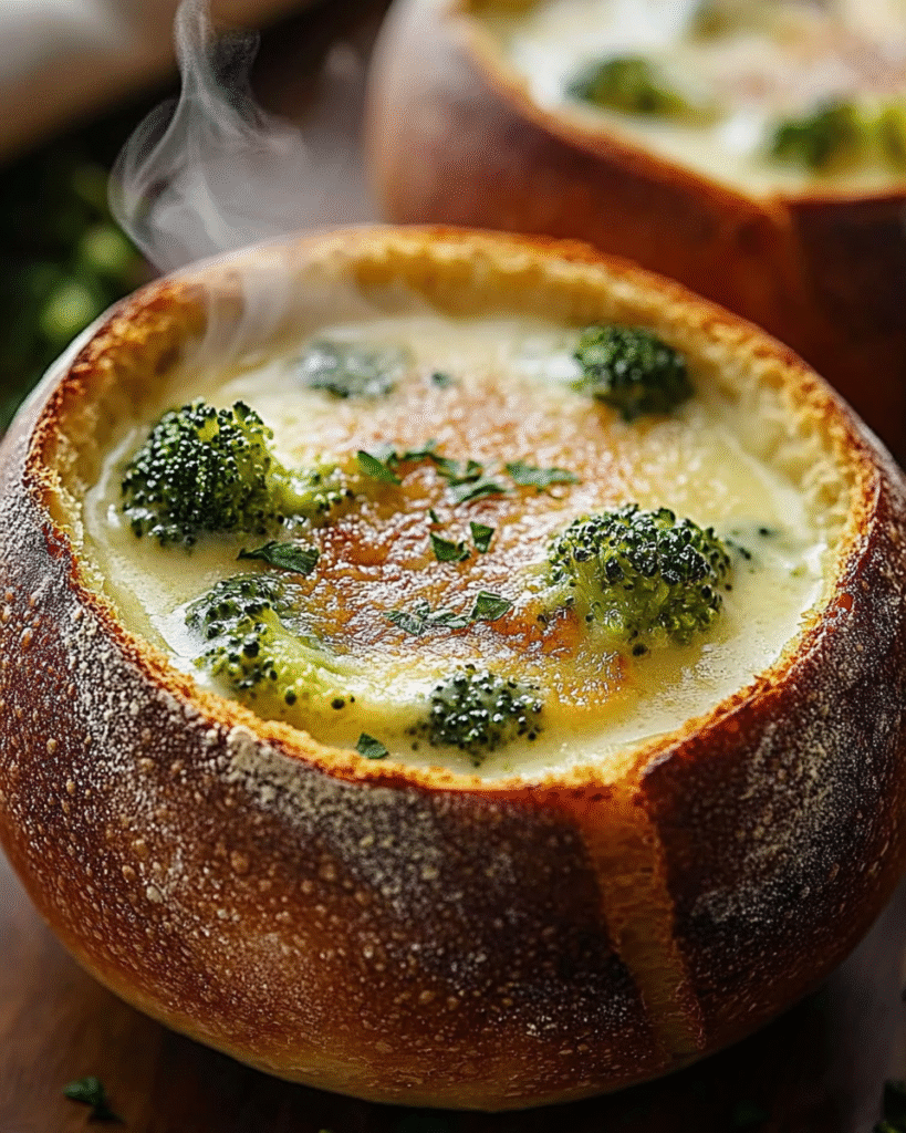 Sopa Cremosa de Brócoli y Queso en Tazones de Pan