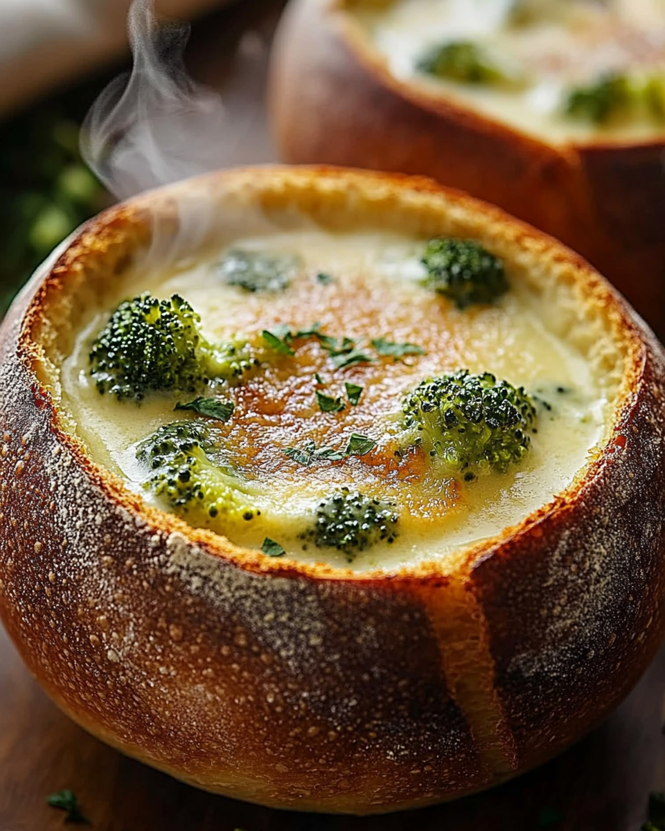 Sopa Cremosa de Brócoli y Queso en Tazones de Pan