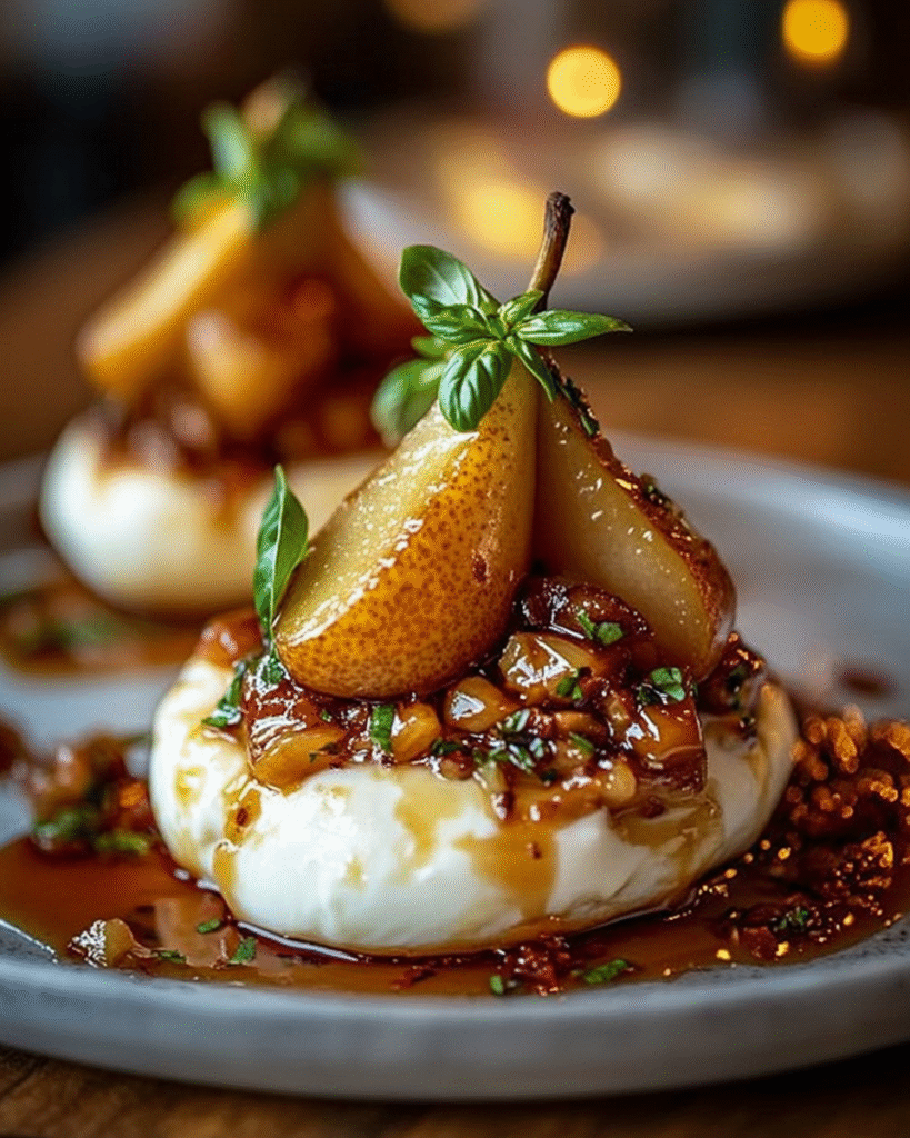 Torres de Pera Caramelizada y Burrata