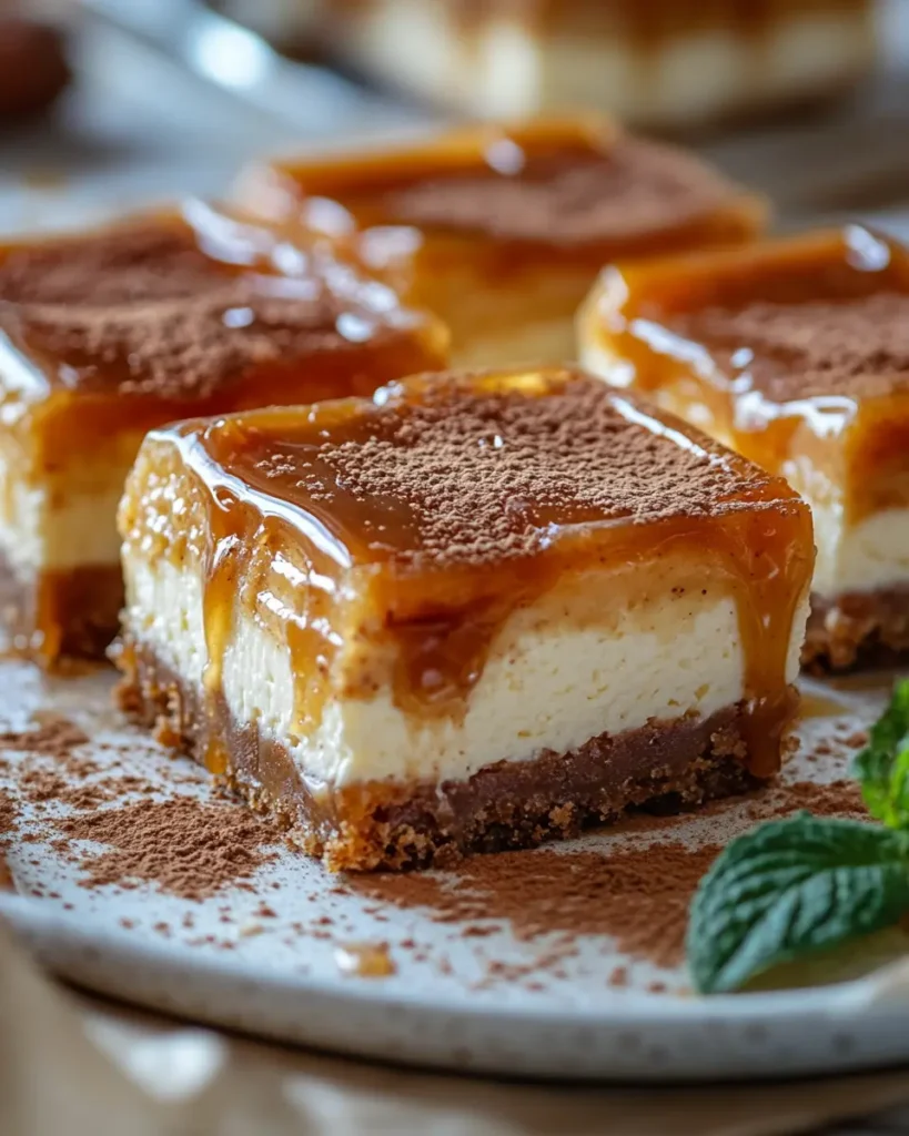 Barras de cheesecake de caramelo y canela First Image First Image