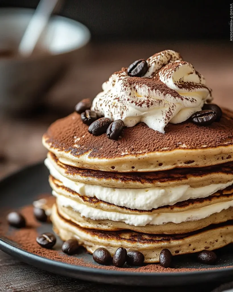 Pancakes de Tiramisu con Capas Empapadas en Café y Crema de Mascarpone First Image First Image