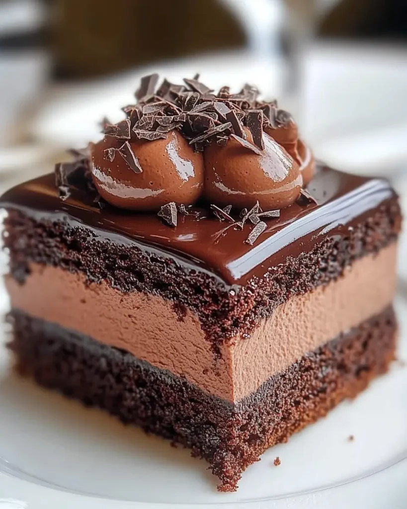 Pastel de chocolate triple capa con relleno de mousse sedosa First Image First Image