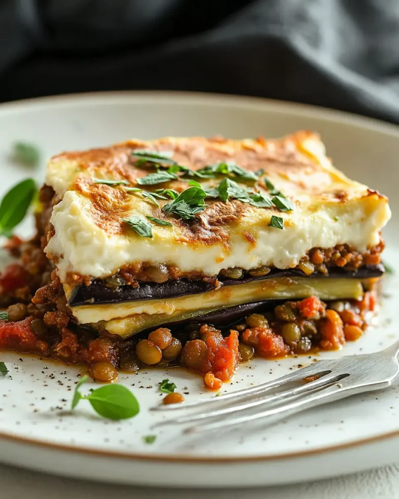 Moussaka Vegetariana con Ragú de Lentejas y Bechamel First Image First Image